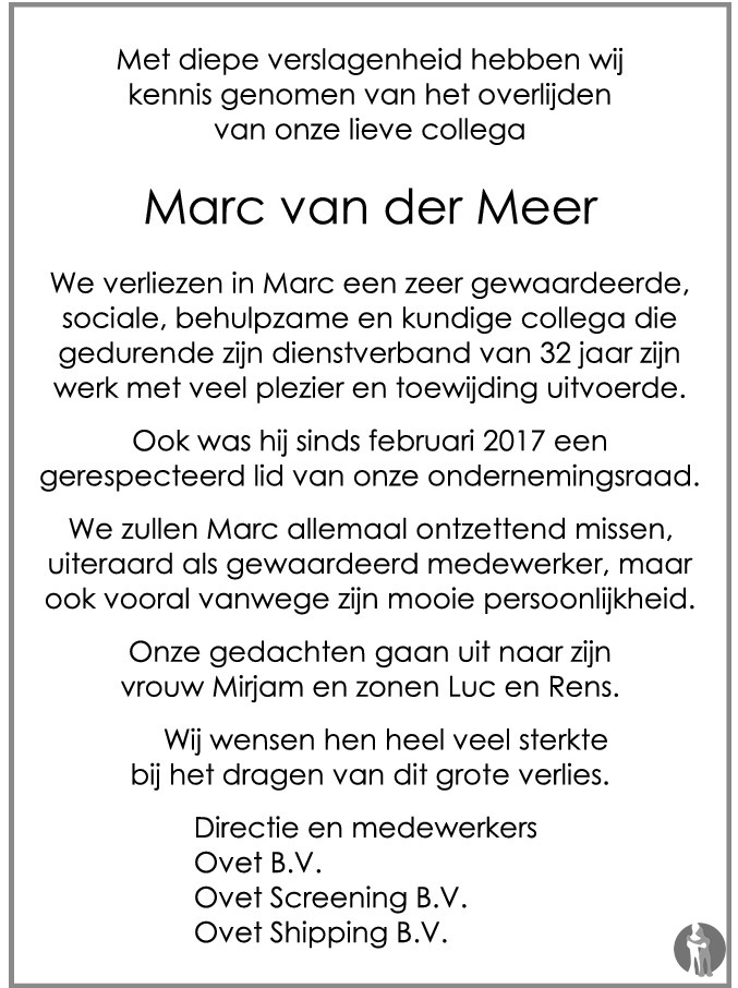 Overlijdensbericht van Marc van der Meer in PZC Provinciale Zeeuwse Courant