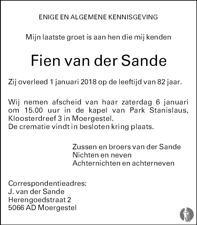 Overlijdensbericht van Fien van der Sande in Brabants Dagblad