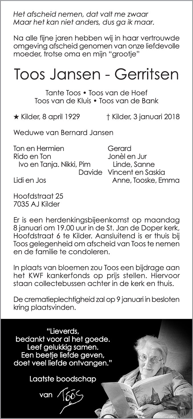 Toos Jansen - Gerritsen 03-01-2018 overlijdensbericht en condoleances ...