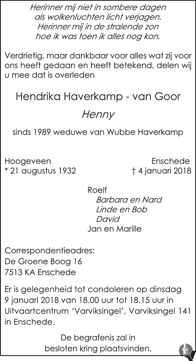 Hendrika (Henny) Haverkamp - van Goor 04-01-2018 overlijdensbericht en ...