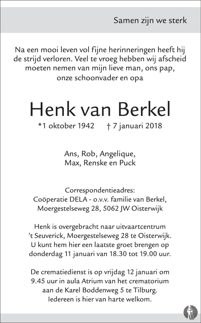 Henk van Berkel 07-01-2018 overlijdensbericht en condoleances ...