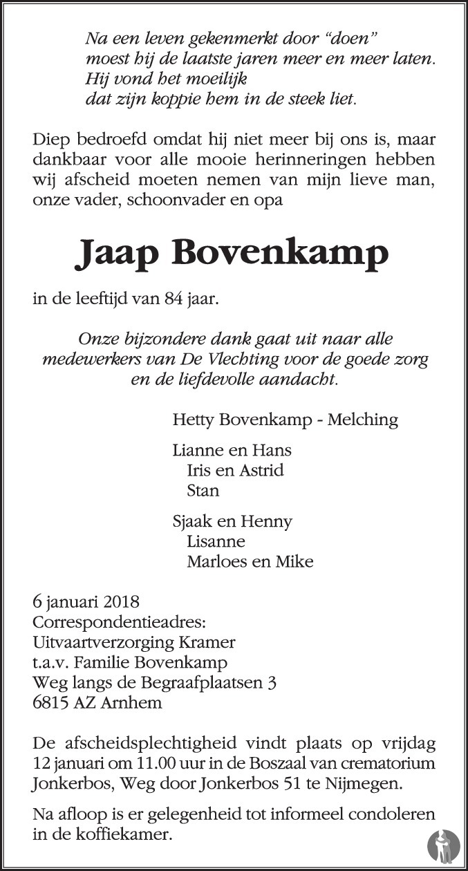 Jaap Bovenkamp 06-01-2018 overlijdensbericht en condoleances ...