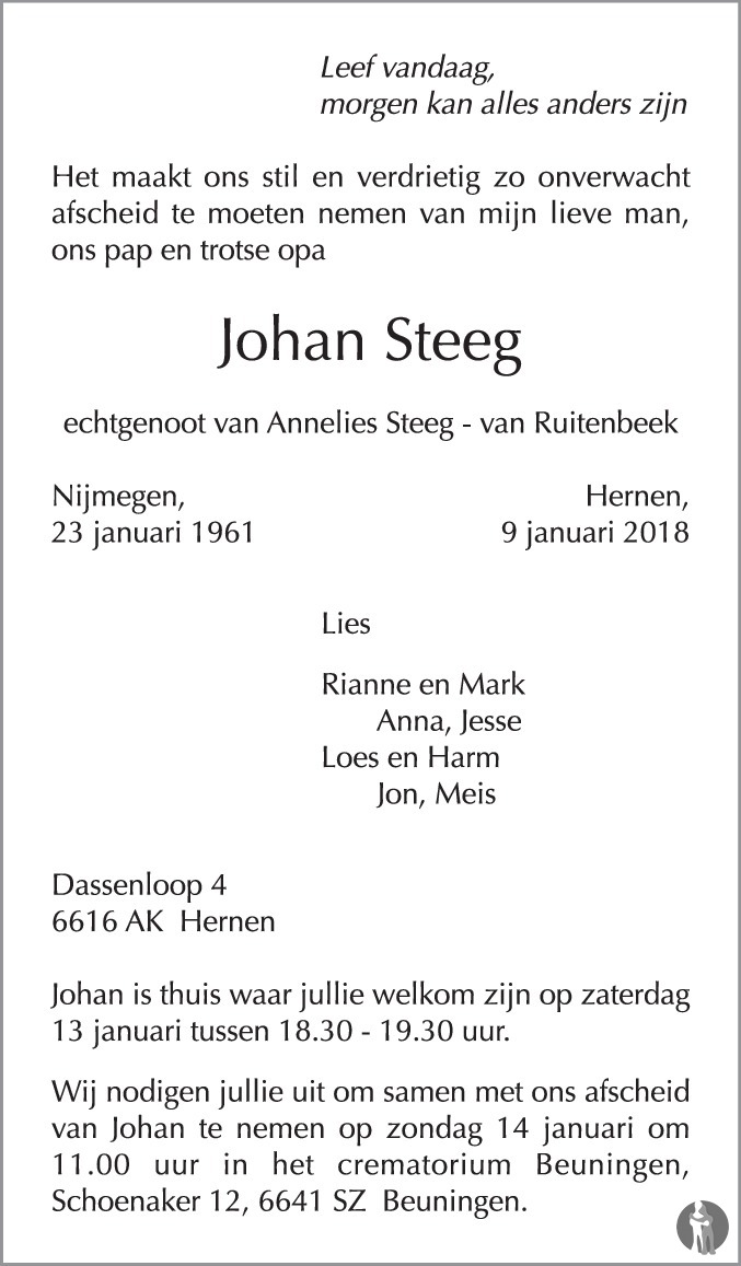 Overlijdensbericht van Johan Steeg in de Gelderlander