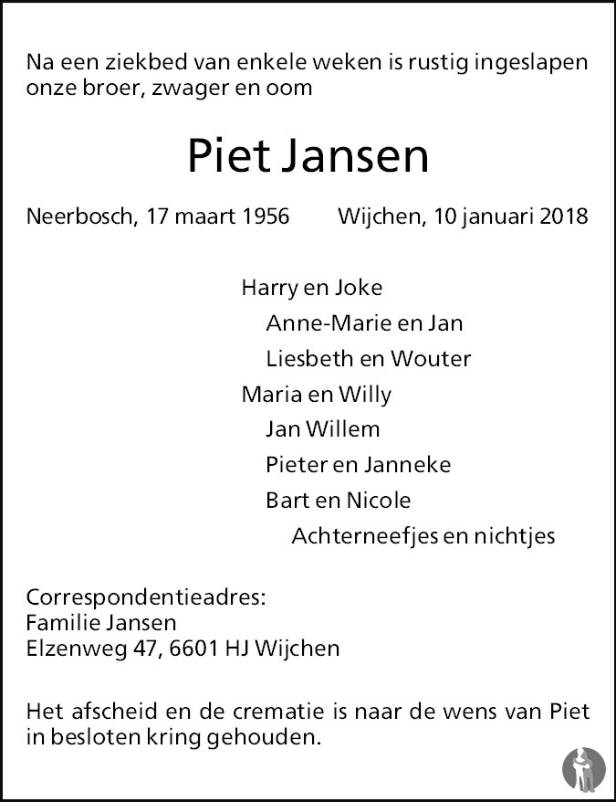 Piet Jansen 10-01-2018 overlijdensbericht en condoleances - Mensenlinq.nl