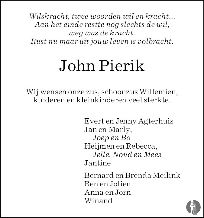Overlijdensbericht van John Pierik in de Stentor