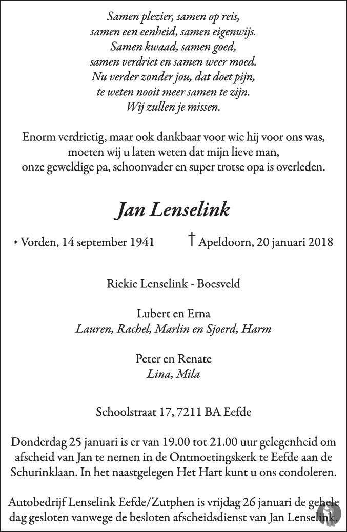 Jan Lenselink 20-01-2018 overlijdensbericht en condoleances - Mensenlinq.nl