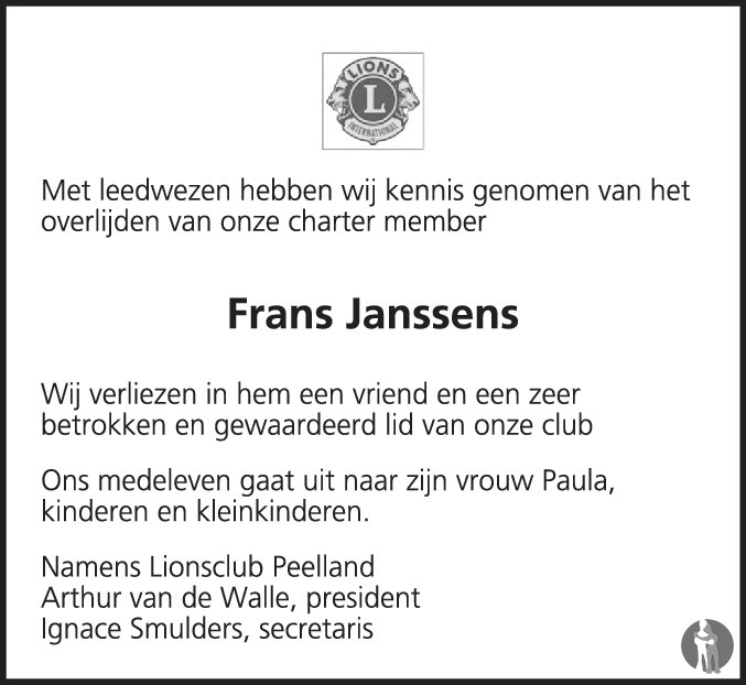 Overlijdensbericht van Frans Janssens in Eindhovens Dagblad