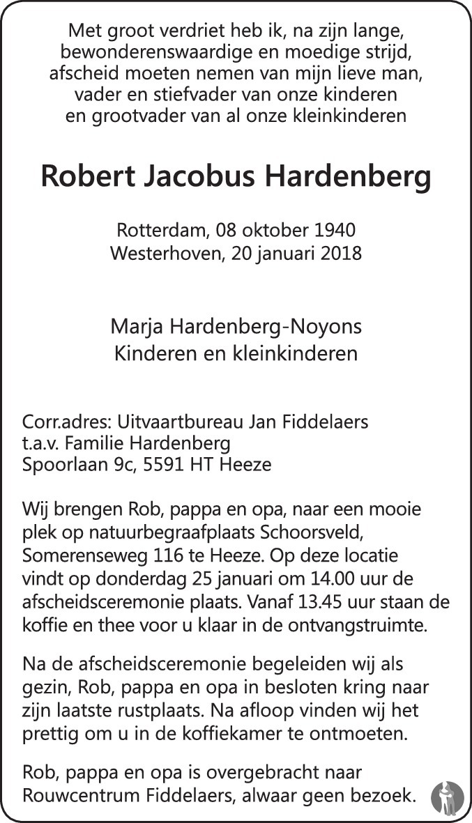 Overlijdensbericht van Robert Jacobus Hardenberg in Eindhovens Dagblad