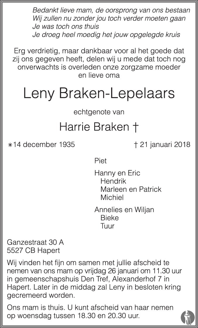 Overlijdensbericht van Leny Braken - Lepelaars in Eindhovens Dagblad