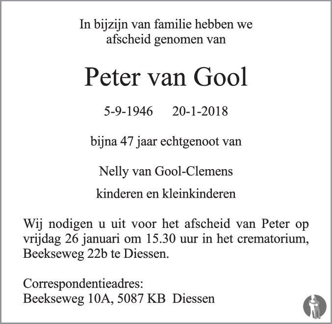Overlijdensbericht van Peter van Gool in Brabants Dagblad