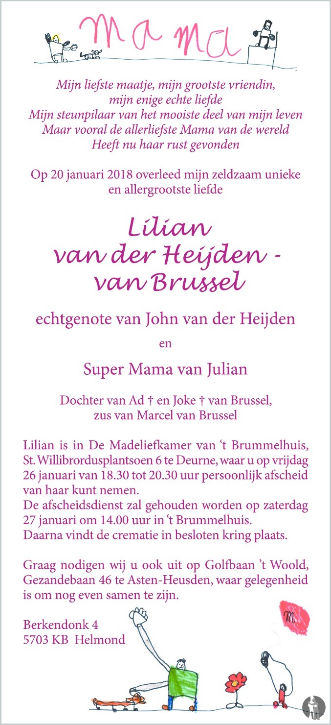 Overlijdensbericht van Lilian van der Heijden - van Brussel in Eindhovens Dagblad