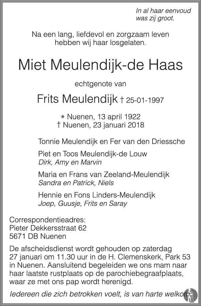 Overlijdensbericht van Miet Meulendijk - de Haas in Eindhovens Dagblad