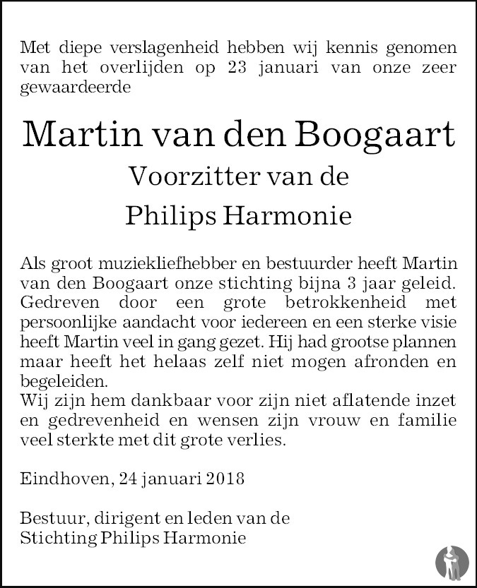 Overlijdensbericht van Martin van den Boogaart in Eindhovens Dagblad