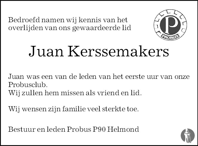 Overlijdensbericht van Juan Kerssemakers in Eindhovens Dagblad