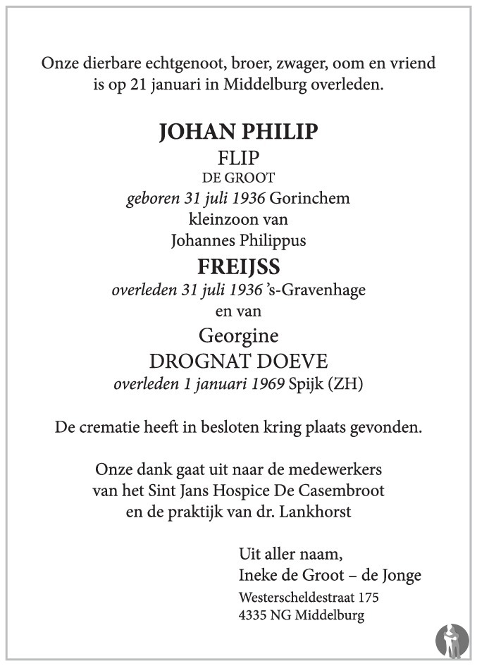 Johan Philip (Flip) de Groot 21-01-2018 overlijdensbericht en ...