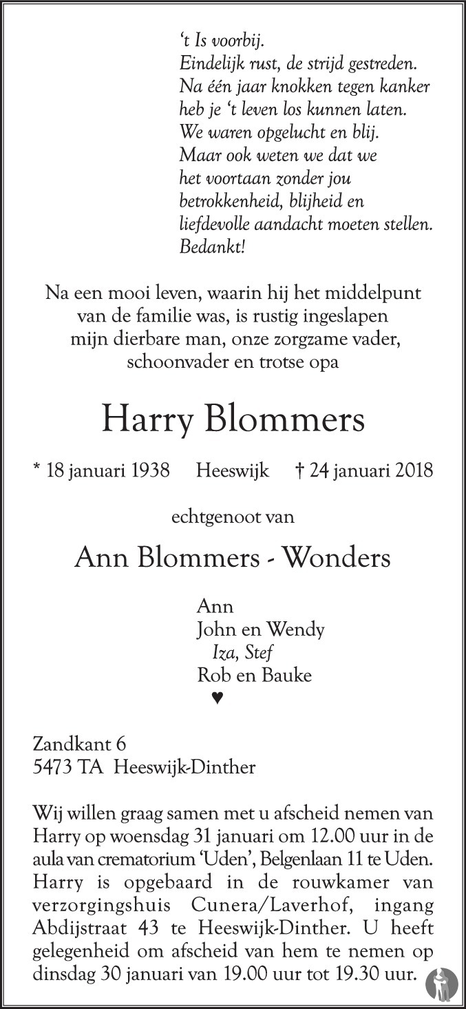 Overlijdensbericht van Harry Blommers in Brabants Dagblad