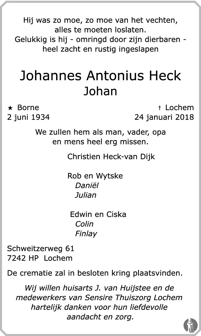 Overlijdensbericht van Johannes Antonius (Johan) Heck in de Stentor