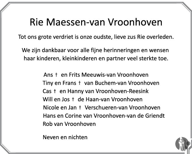 Overlijdensbericht van Rie Maessen - van Vroonhoven in Eindhovens Dagblad