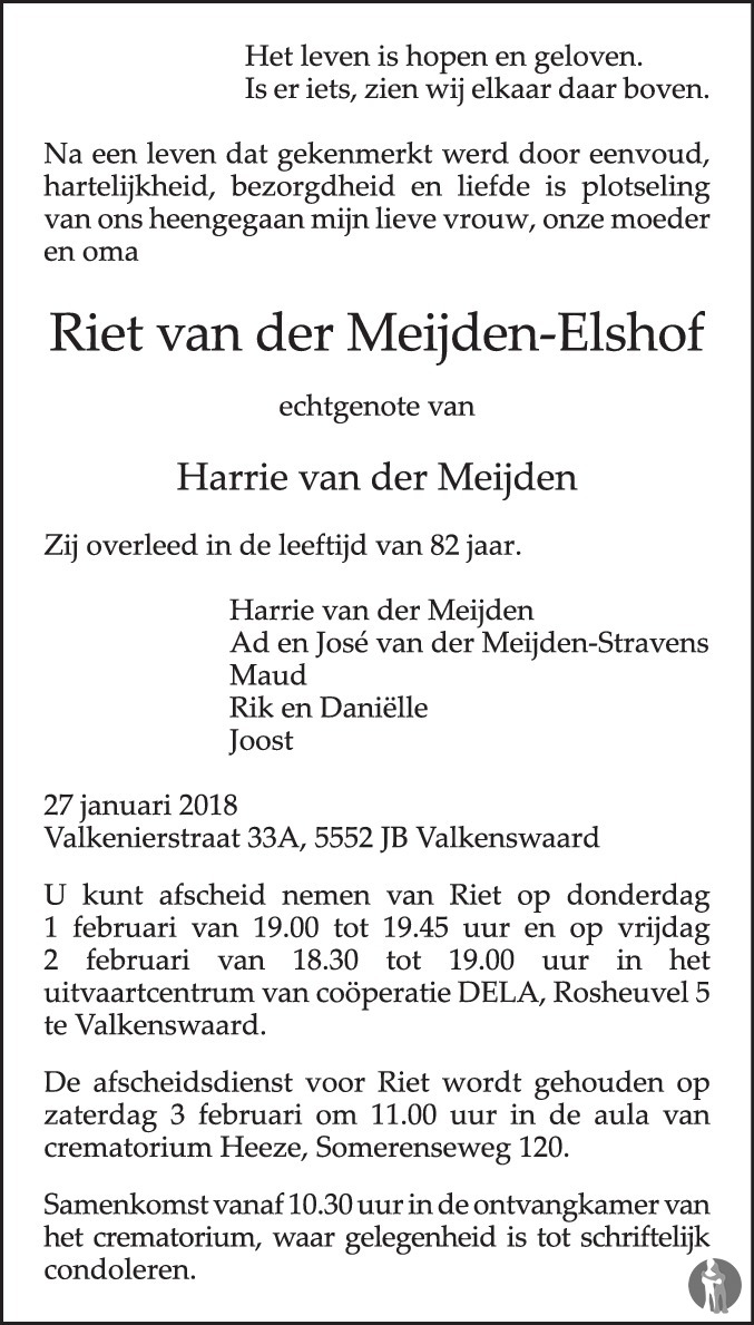 Overlijdensbericht van Riet van der Meijden - Elshof in Eindhovens Dagblad