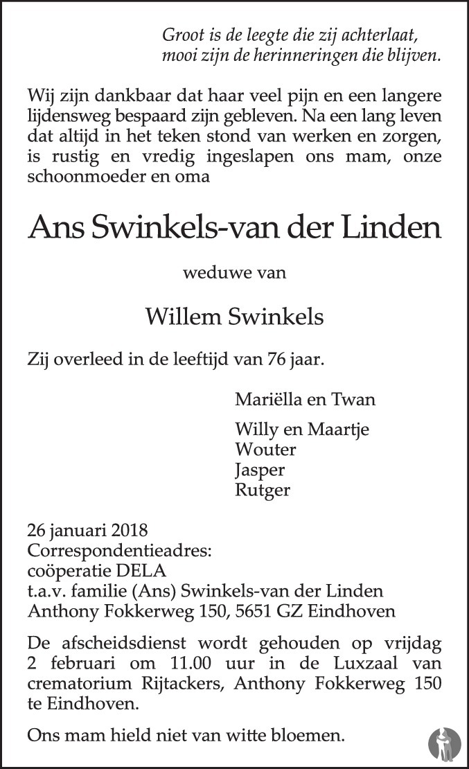 Overlijdensbericht van Ans Swinkels - van der Linden in Eindhovens Dagblad