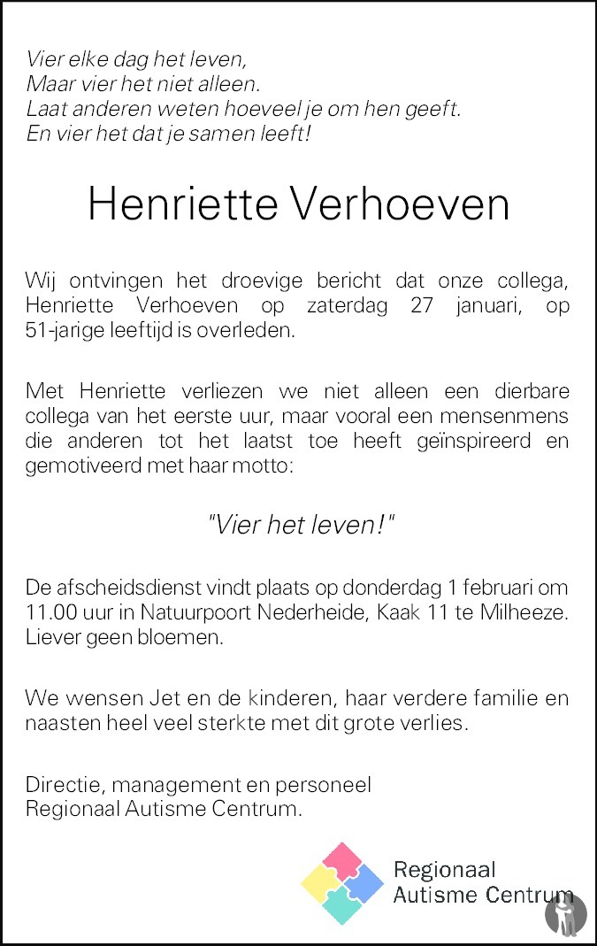 Overlijdensbericht van Henriette Verhoeven in Eindhovens Dagblad