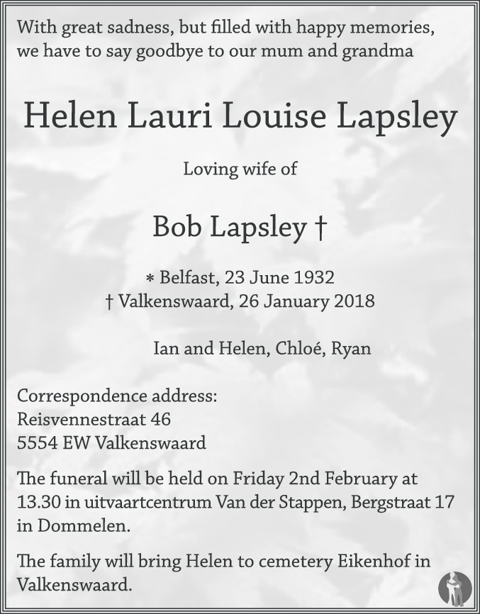 Overlijdensbericht van Helen Lauri Louise Lapsley in Eindhovens Dagblad