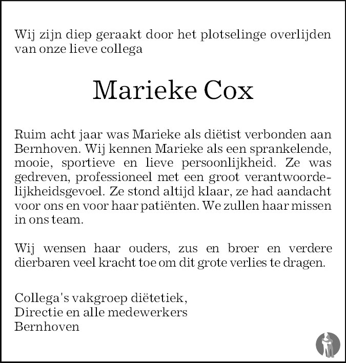 Overlijdensbericht van Marieke Cox in Brabants Dagblad