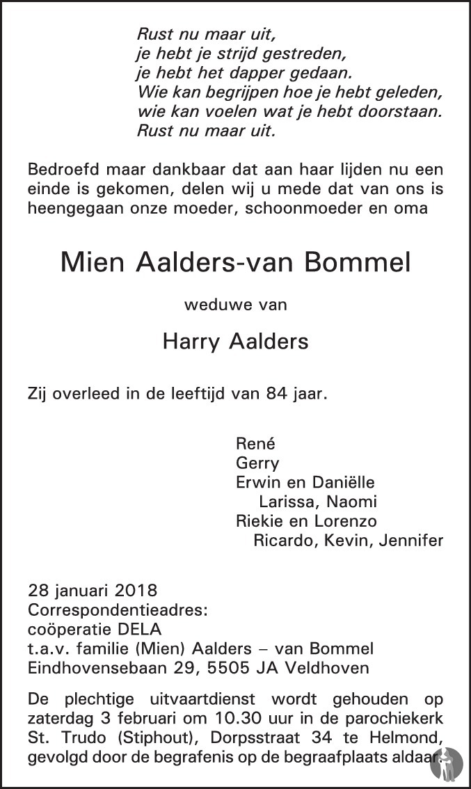Overlijdensbericht van Mien Aalders - van Bommel in Eindhovens Dagblad