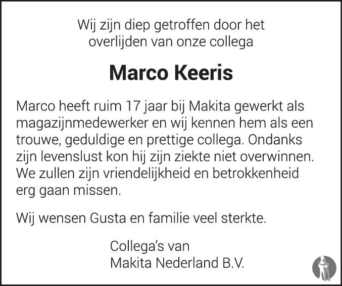 Overlijdensbericht van Marco Keeris in Eindhovens Dagblad