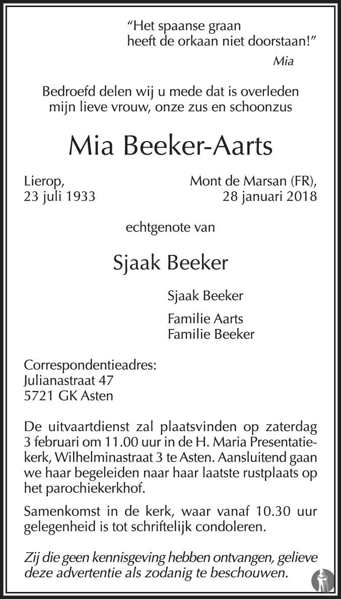 Overlijdensbericht van Mia Beeker - Aarts in Eindhovens Dagblad