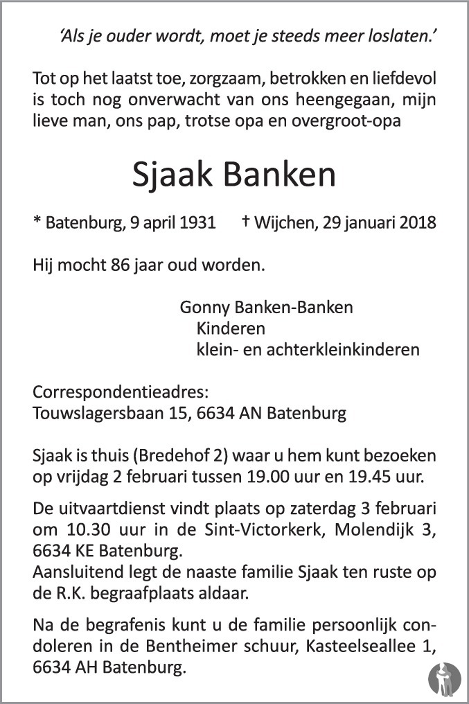 Overlijdensbericht van Sjaak Banken in de Gelderlander
