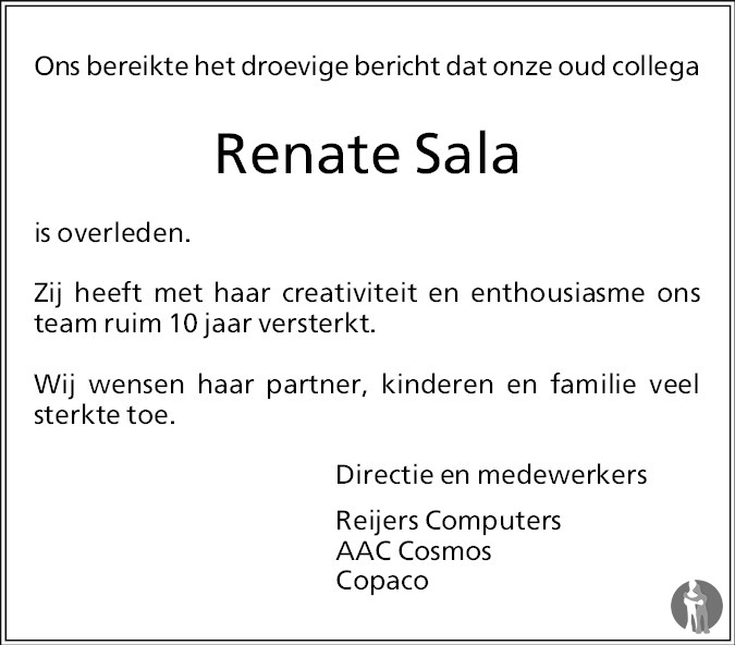 Overlijdensbericht van Renate Sala in Eindhovens Dagblad