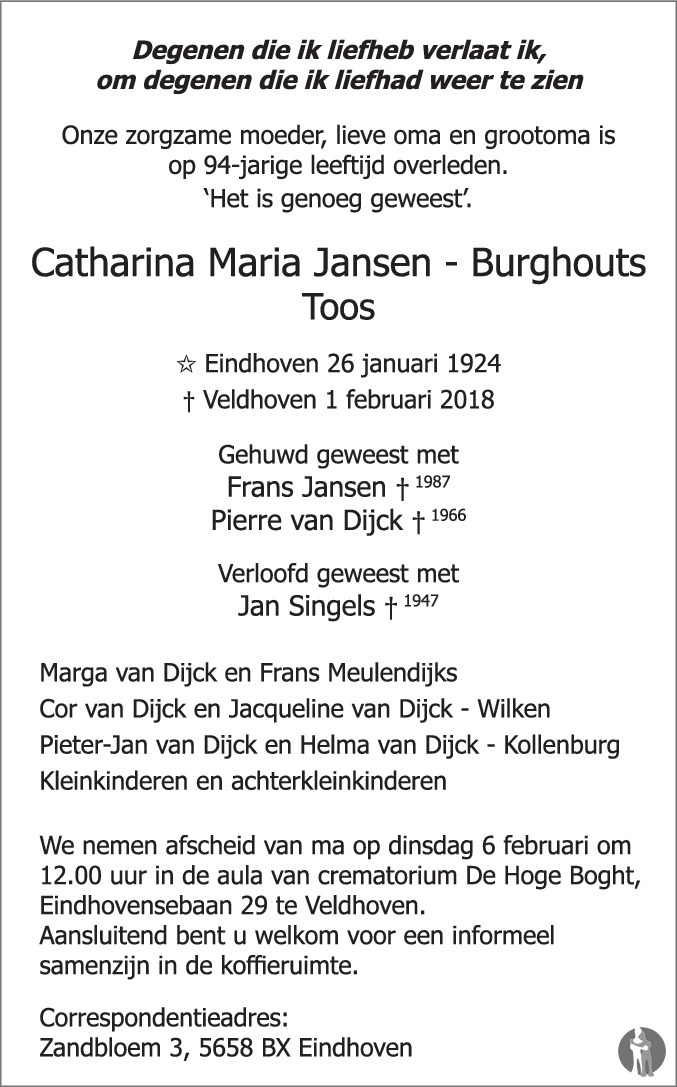 Overlijdensbericht van Catharina Maria (Toos) Jansen - Burghouts in Eindhovens Dagblad