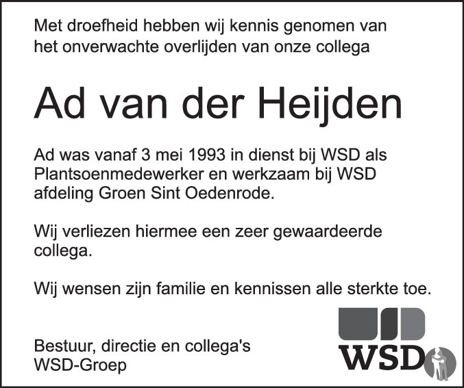 Overlijdensbericht van  Ad van der Heijden in Eindhovens Dagblad