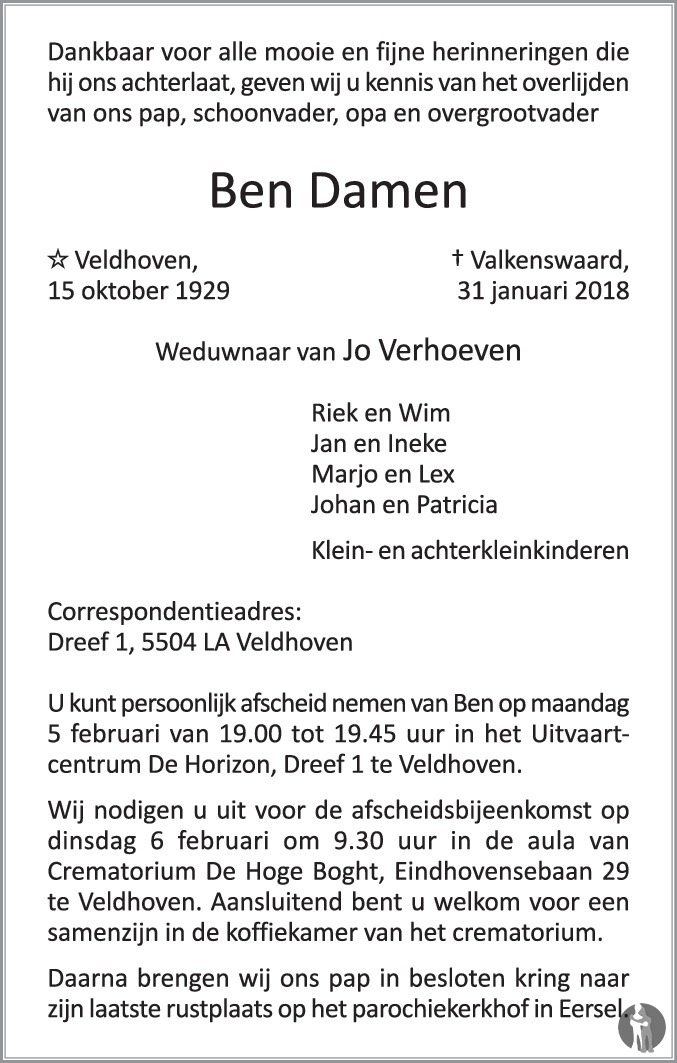 Overlijdensbericht van Ben Damen in Eindhovens Dagblad