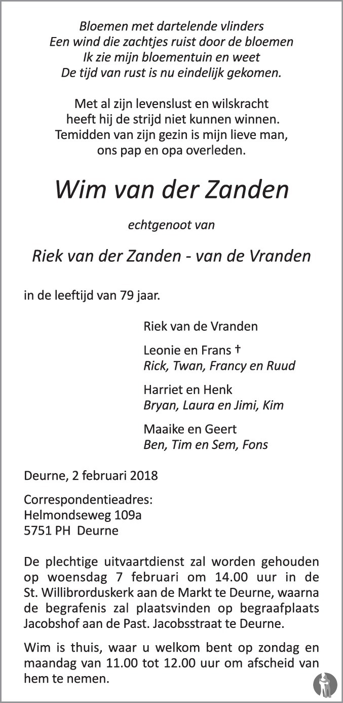 Overlijdensbericht van  Wim van der Zanden in Eindhovens Dagblad