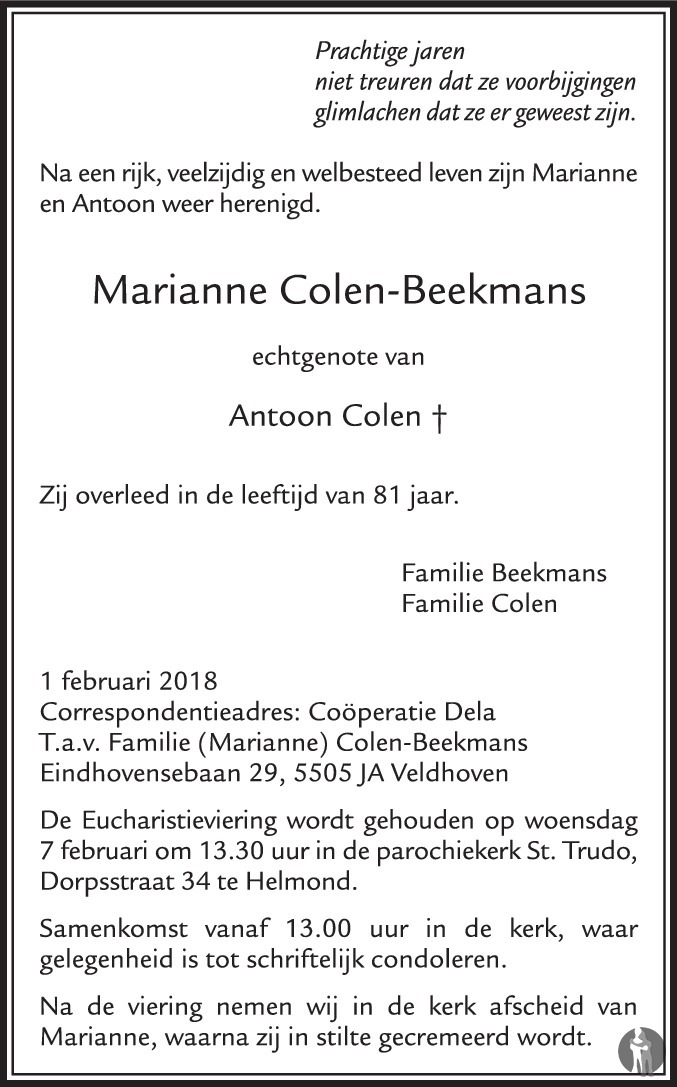 Overlijdensbericht van Marianne Colen - Beekmans in Eindhovens Dagblad
