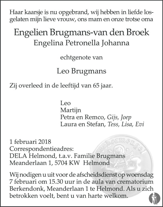 Overlijdensbericht van Engelina Petronella Johanna (Engelien) Brugmans - van den Broek in Eindhovens Dagblad