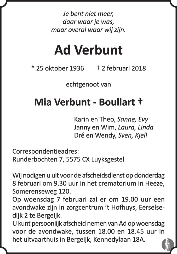 Overlijdensbericht van Ad Verbunt in Eindhovens Dagblad