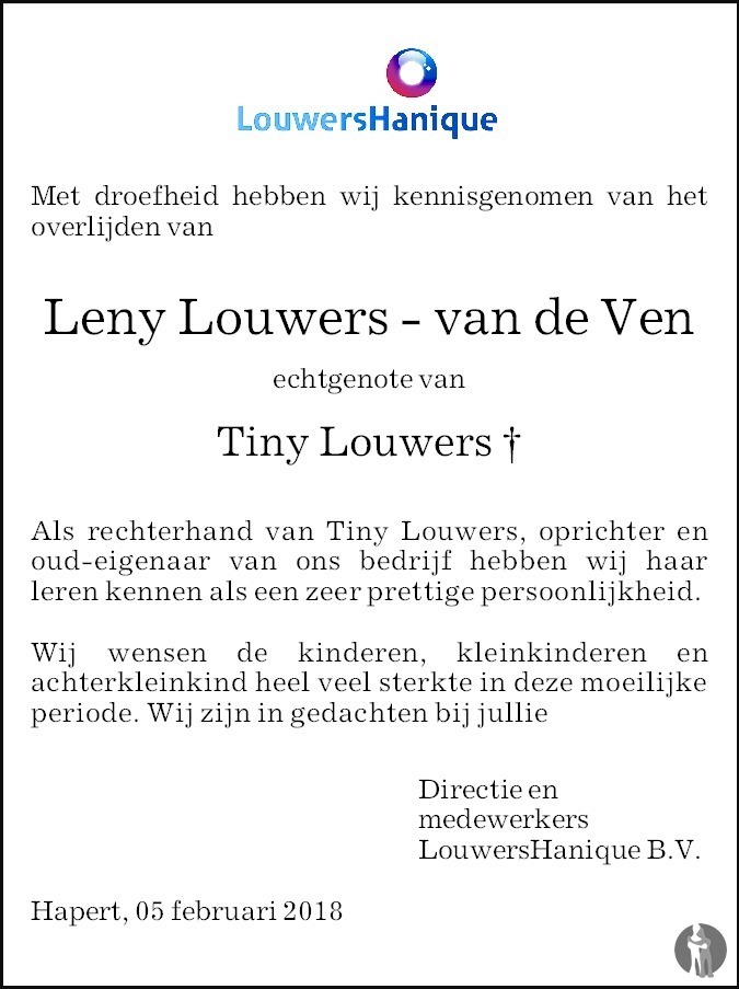 Overlijdensbericht van Leny Louwers - van de Ven in Eindhovens Dagblad