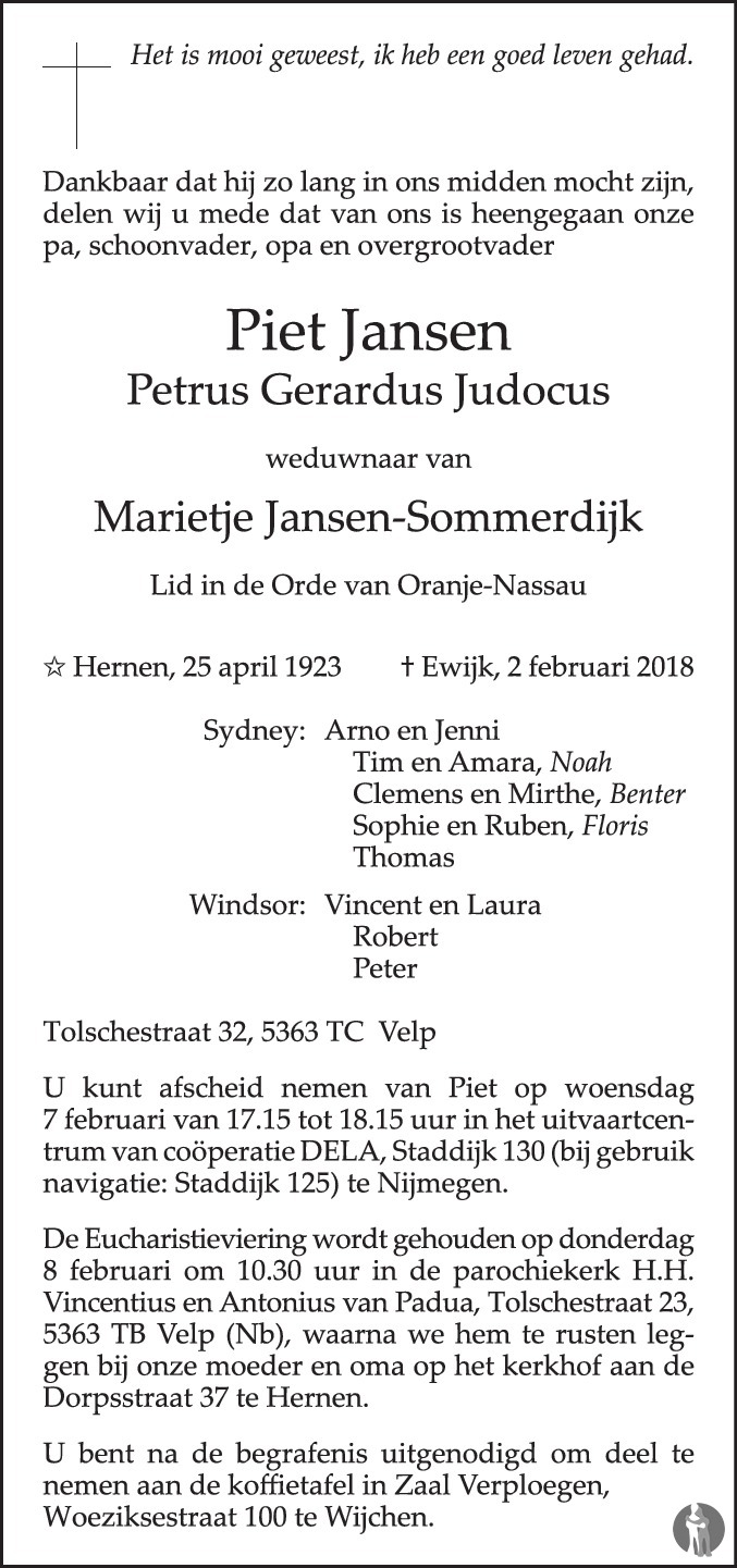Overlijdensbericht van Petrus Gerardus Judocus (Piet)  Jansen in de Gelderlander