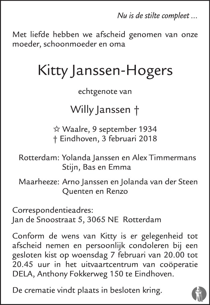 Overlijdensbericht van Kitty Janssen - Hogers in Eindhovens Dagblad