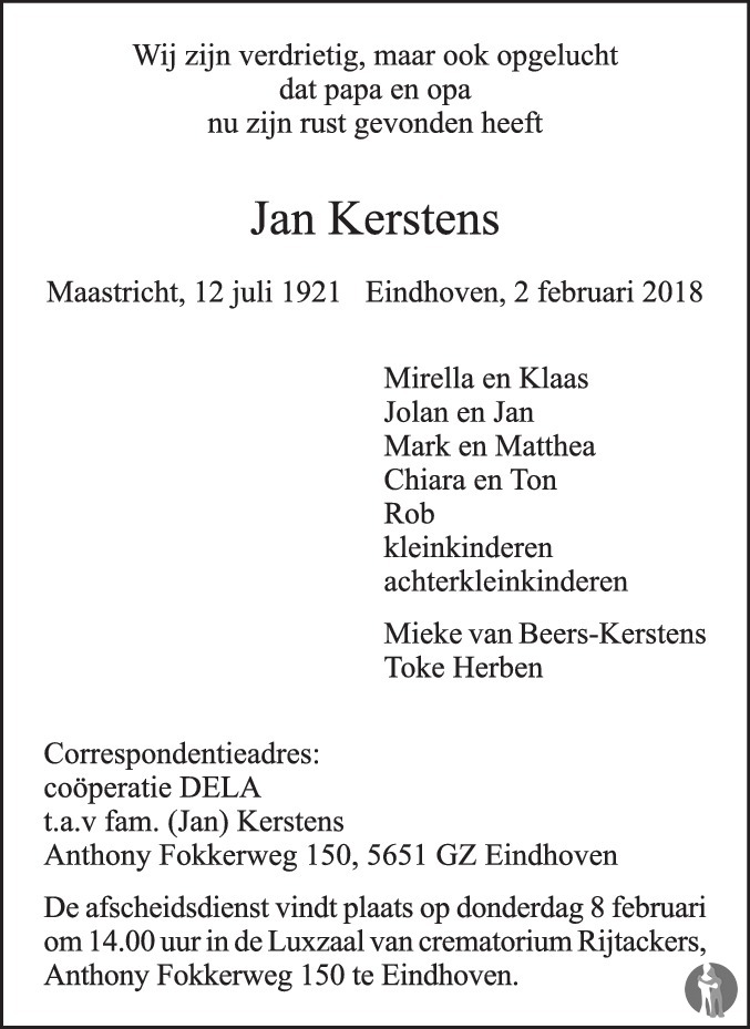 Overlijdensbericht van Jan Kerstens in Eindhovens Dagblad