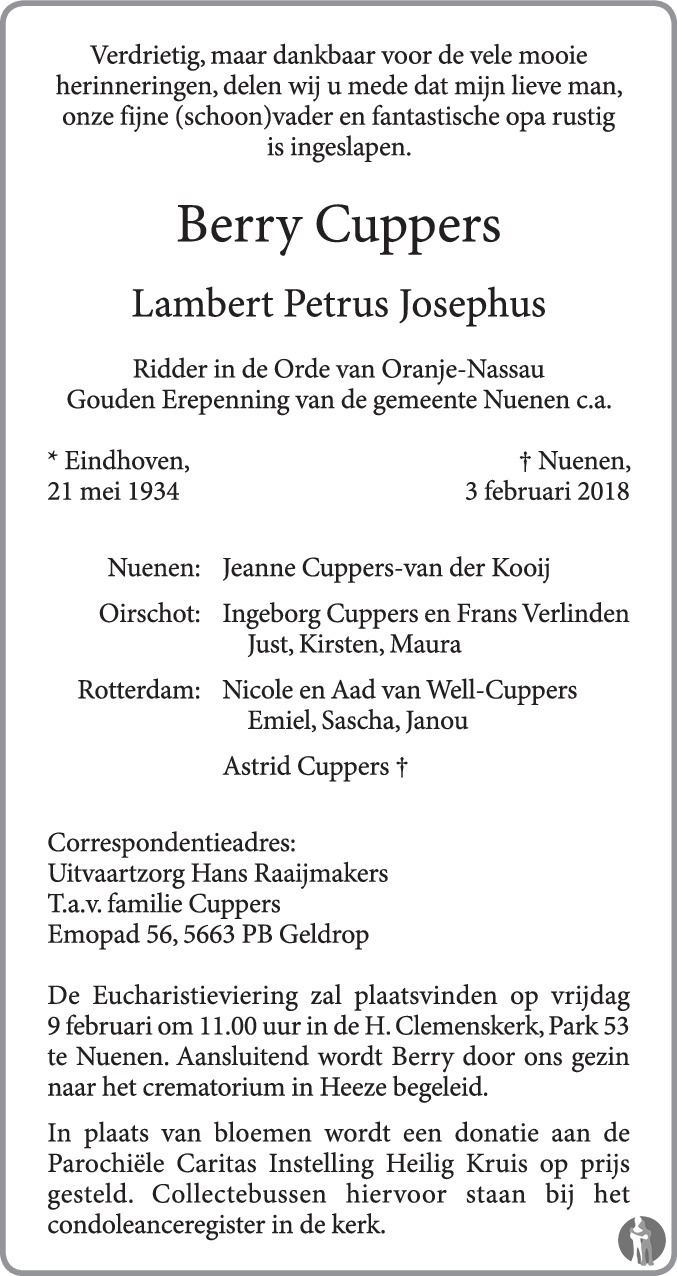 Overlijdensbericht van Lambert Petrus Josephus (Berry) Cuppers in Eindhovens Dagblad