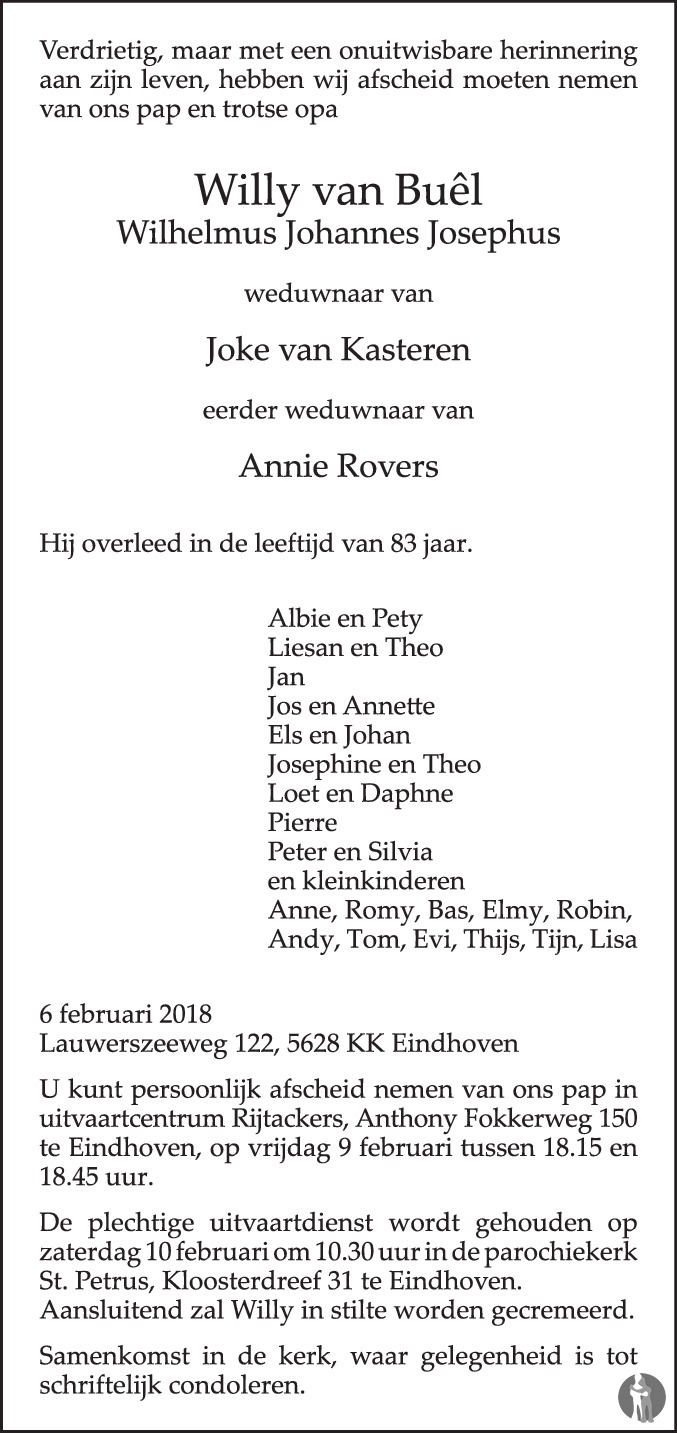 Overlijdensbericht van Wilhelmus Johannes Josephus (Willy) van Buêl in Eindhovens Dagblad