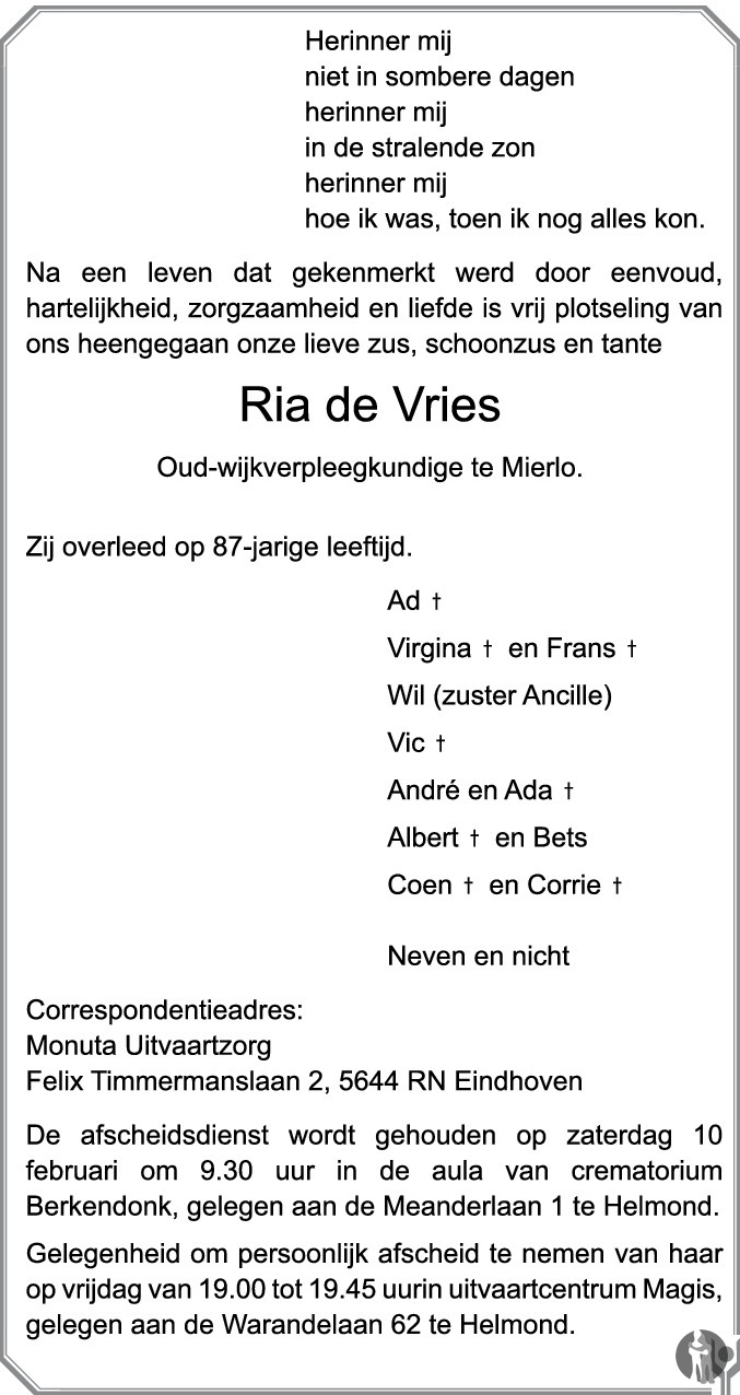Overlijdensbericht van Ria de Vries in Eindhovens Dagblad