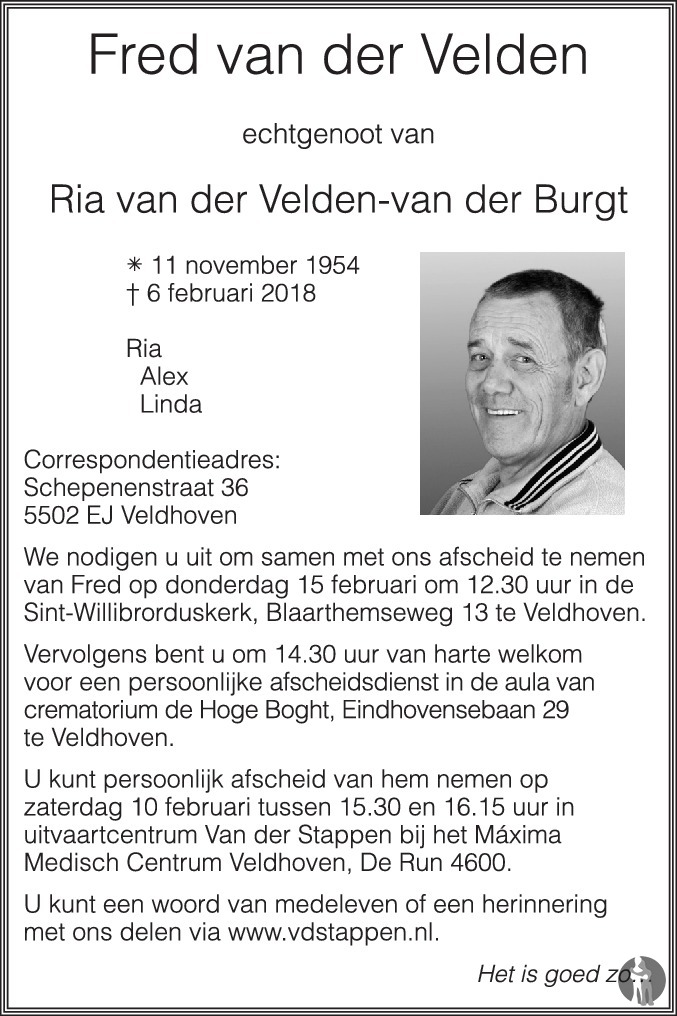 Overlijdensbericht van  Fred van der Velden in Eindhovens Dagblad