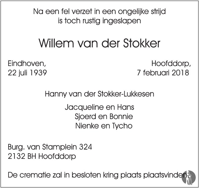 Overlijdensbericht van Willem van der Stokker in Eindhovens Dagblad