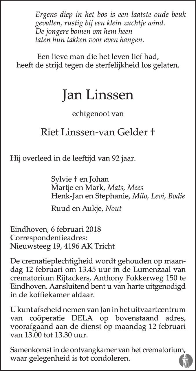 Overlijdensbericht van Jan Linssen in Eindhovens Dagblad