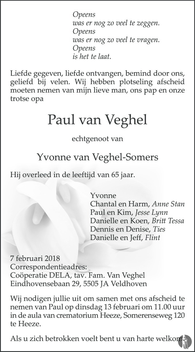 Overlijdensbericht van Paul van Veghel in Eindhovens Dagblad